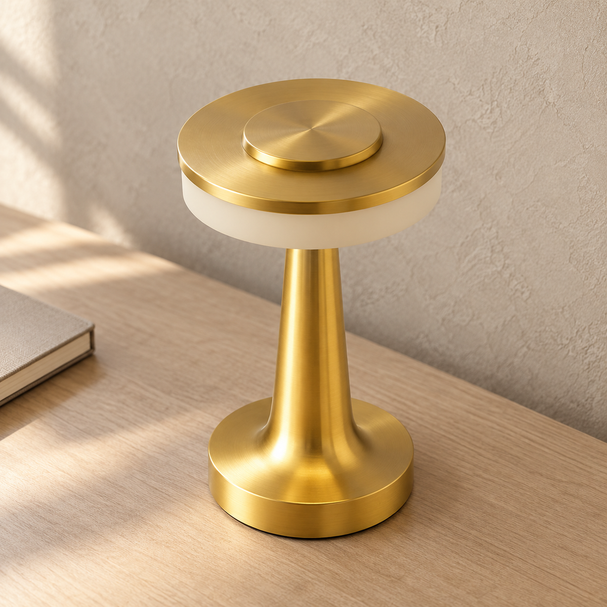 Vanolire gold table lamp shown close up, metal disc top and pale diffuser unlit in daylight