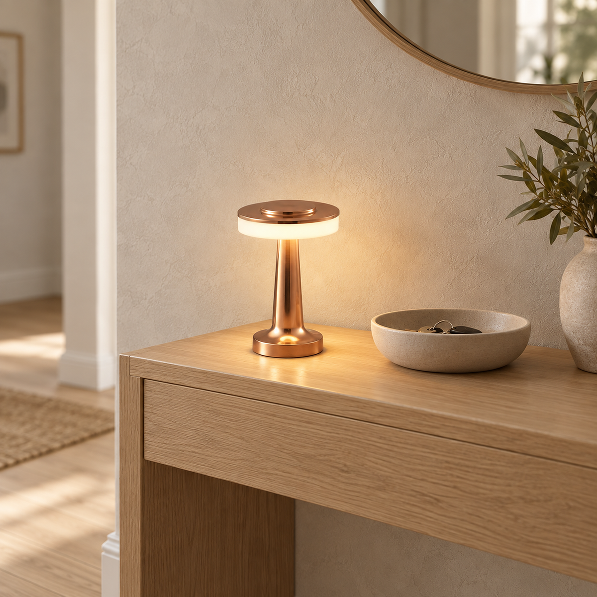 Vanolire rose gold cordless table lamp glowing on an entryway console in daylight #color_rose gold