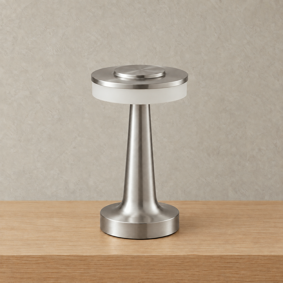 Vanolire silver battery operated table lamp switched off on the plain studio plate #color_silver