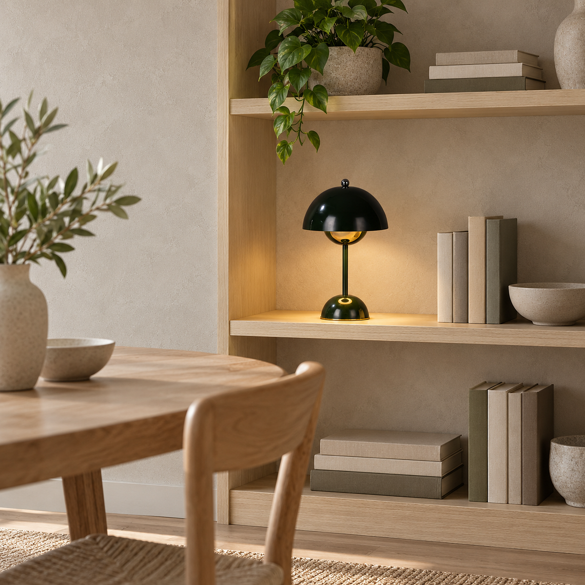 Varimel black battery operated table lamp illuminating a bookshelf in a dining nook