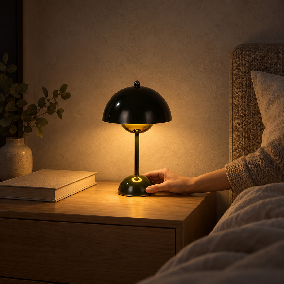 Varimel black cordless table lamp warming a bedside with soft light in an upstairs bedroom at night