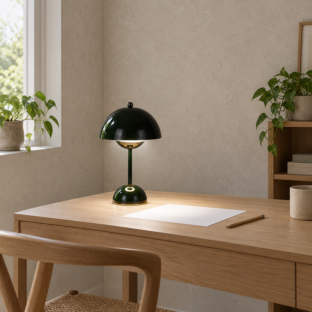 Varimel black LED desk lamp in its cool light mode lighting a desk in a daytime home study