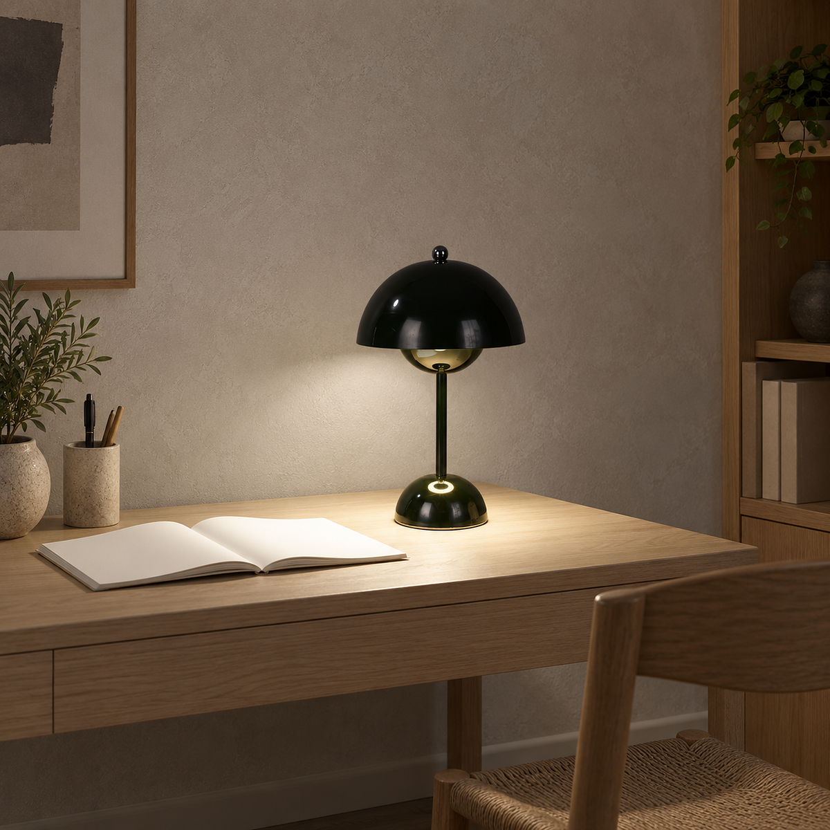 Varimel black LED desk lamp set to its neutral light mode on a desk in a home study