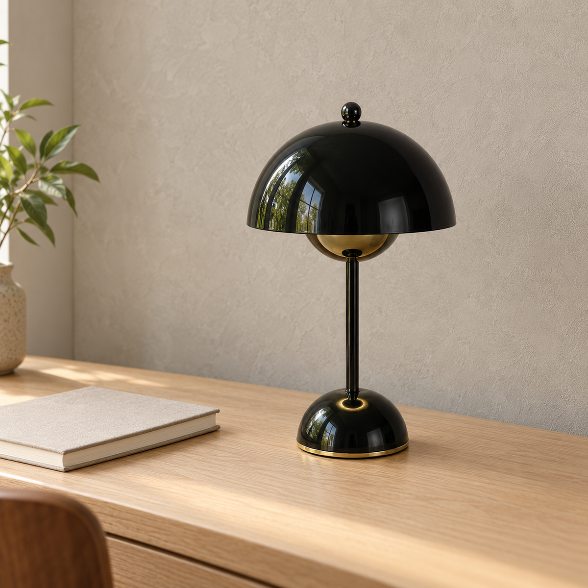 Varimel black table lamp close up showing the glossy finish and rounded domed base in a home study
