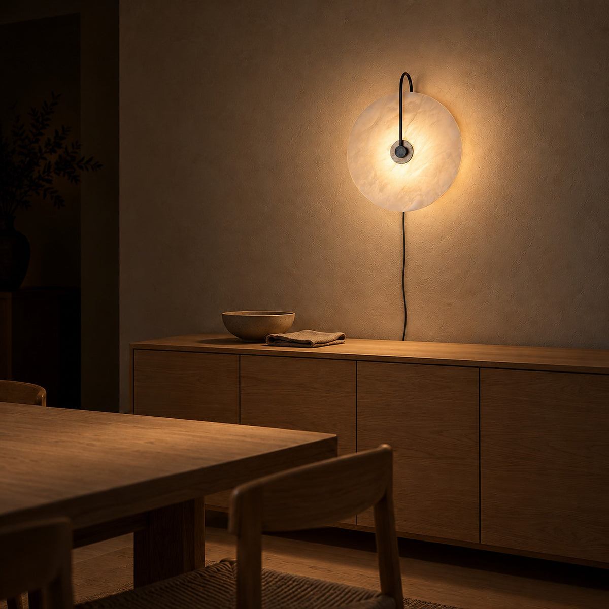 Velirsa black LED wall sconce illuminating the dining room plaster wall after dark