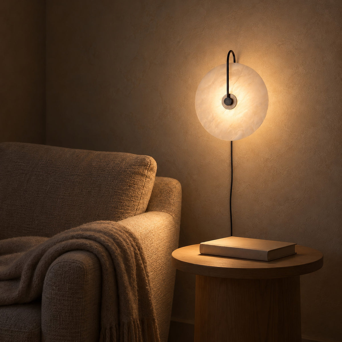 Velirsa black plug in wall lamp casting evening light beside an armchair in a reading corner