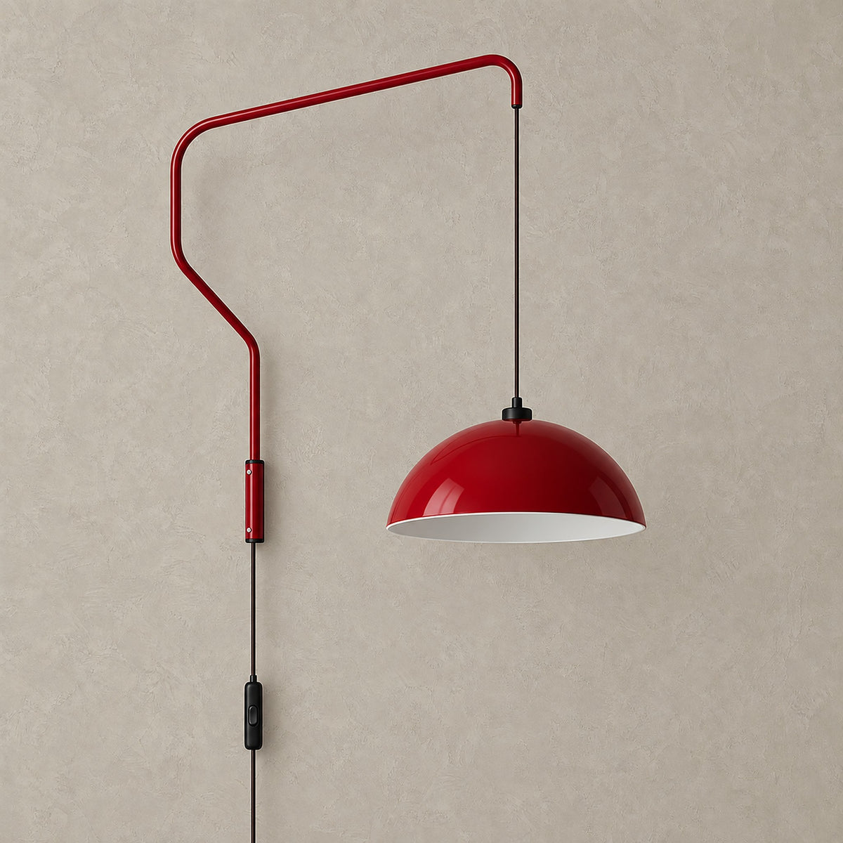 Velisano dark red plug in wall lamp switched off, with a painted dome shade on a wall arm
