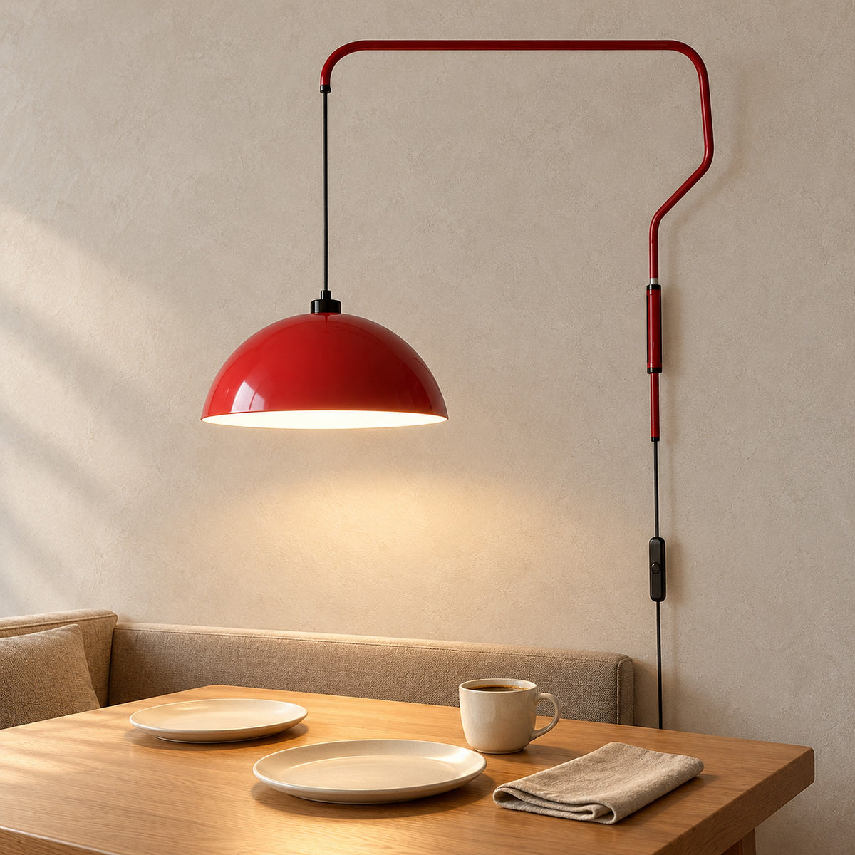 Velisano dark red wall lamp switched on and lighting plates in a breakfast nook by day