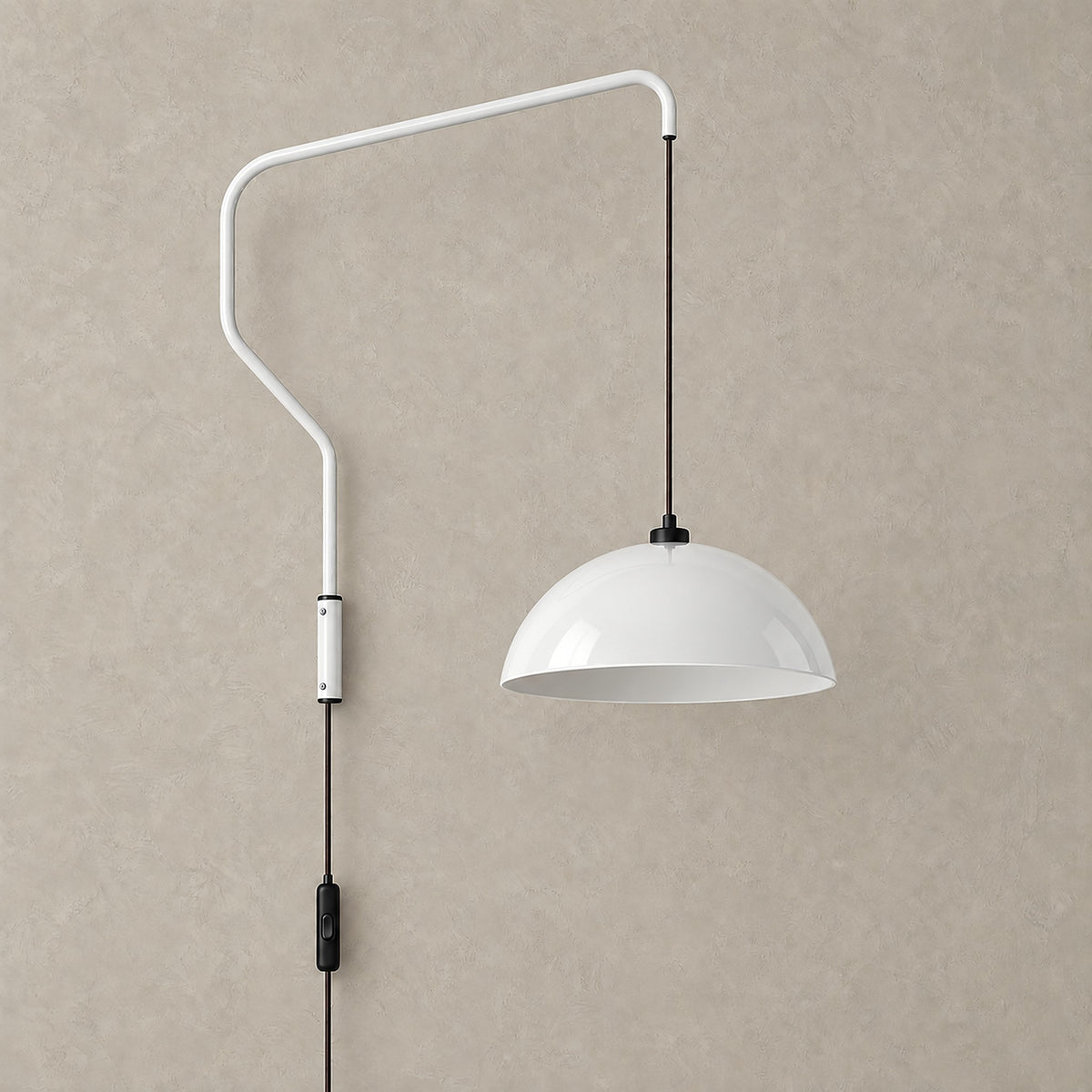 Velisano white plug in wall lamp with a dome shade on a wall arm, shown switched off #color_white