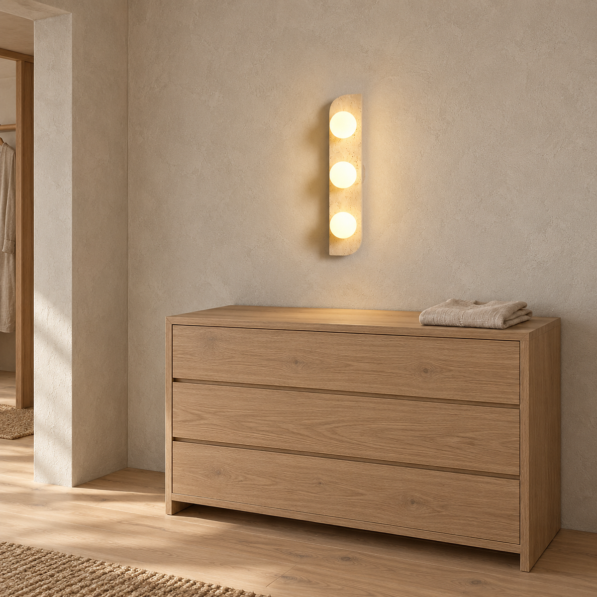 Vemarilo yellow travertine and white plug in wall lamp above a clear dresser surface
