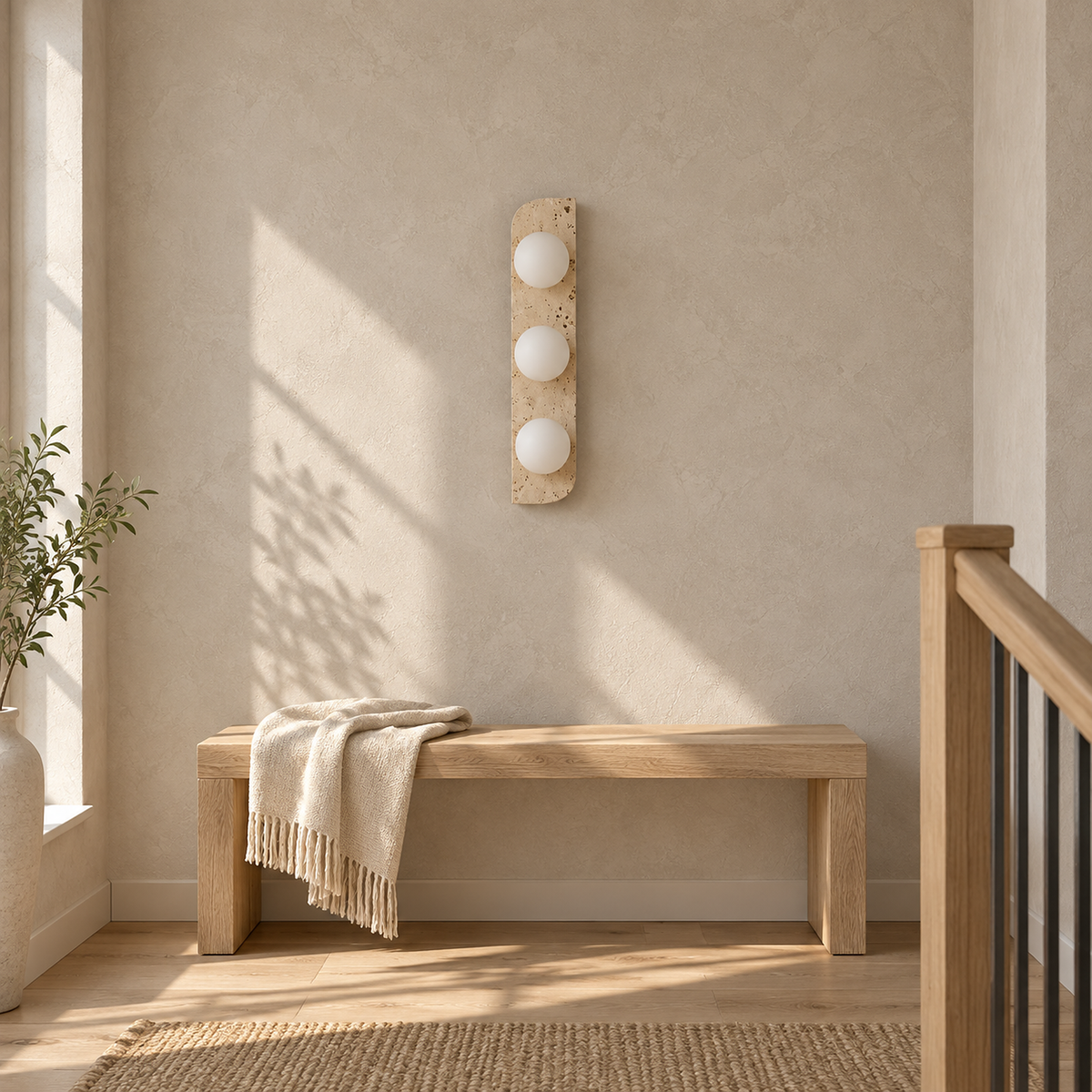 Vemarilo yellow travertine and white wall lamp unlit on a sunny stair landing