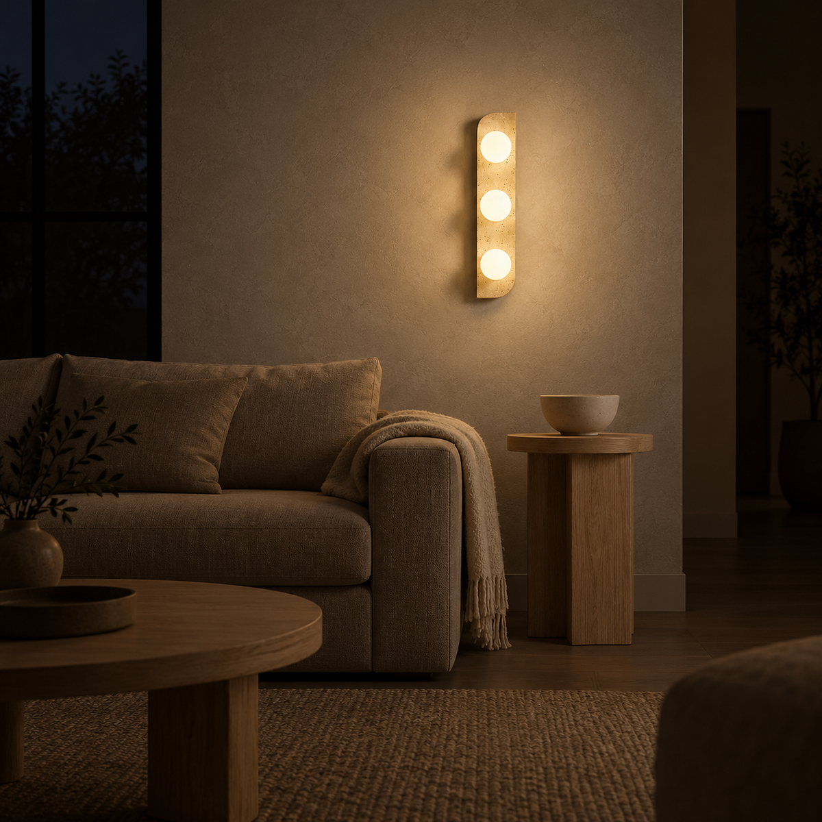 Vemarilo yellow travertine and white wall light casting a warm glow in a living room at night