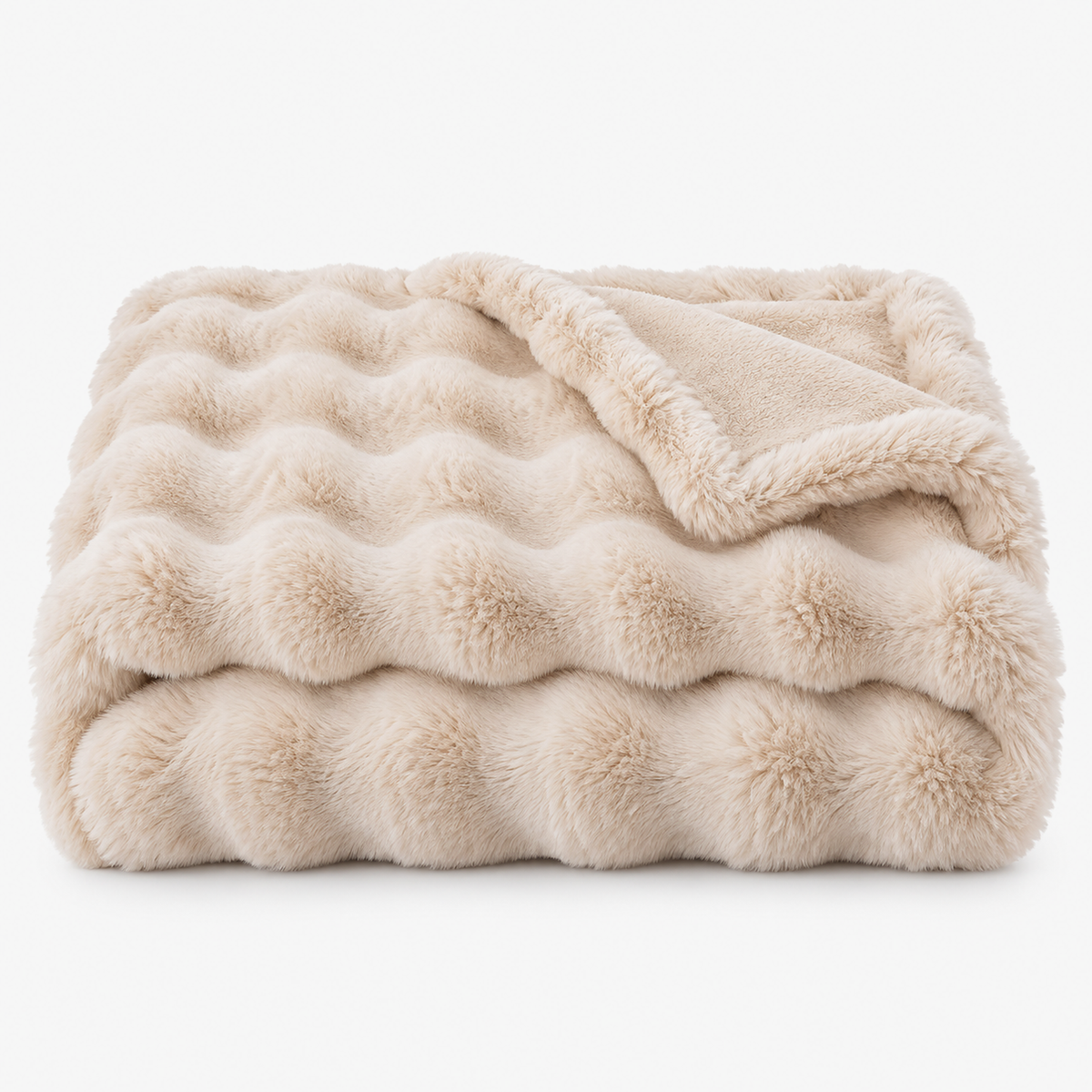 Vemarsi beige faux fur throw blanket loosely folded on a plain white background