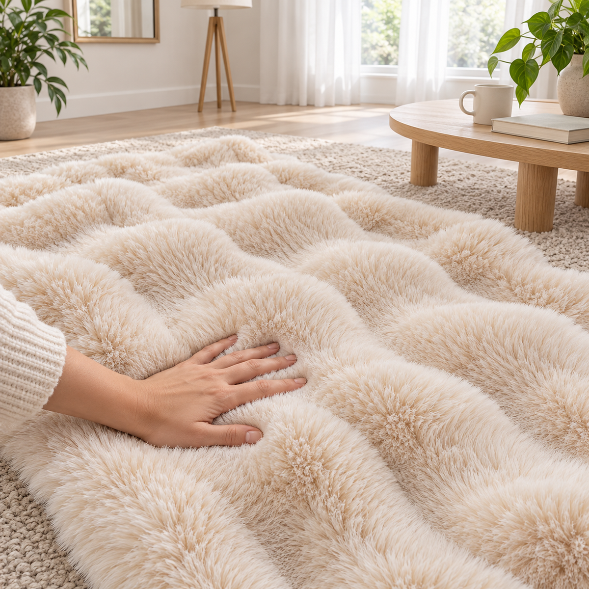 Vemarsi beige plush throw blanket with an adult hand gently pressing the raised ruched faux fur pile