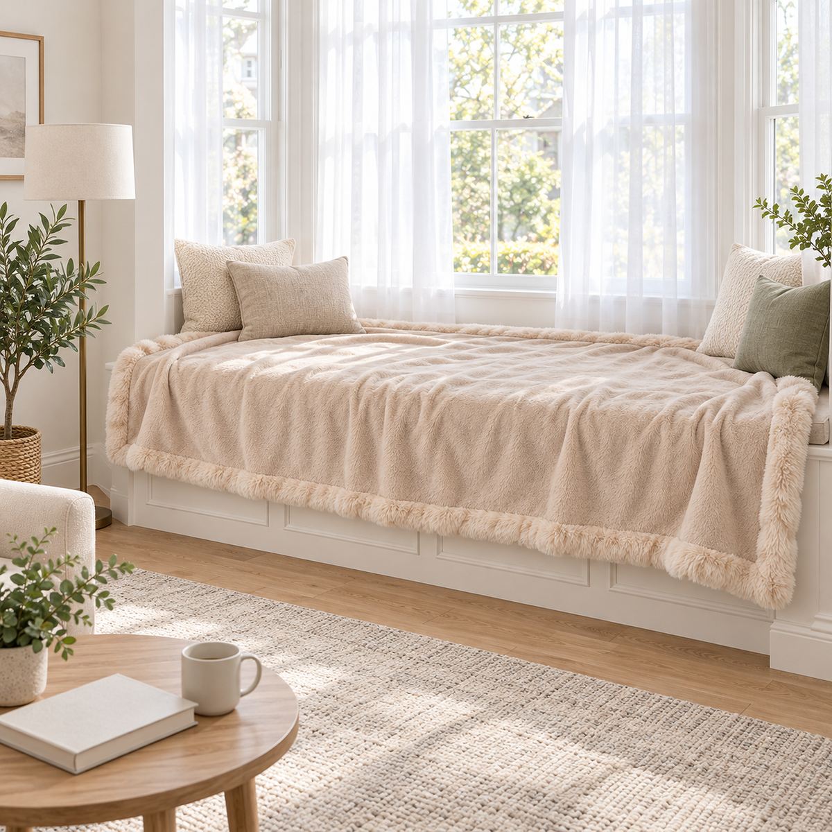 Vemarsi beige reversible soft throw blanket laid reverse side up across a bay window seat