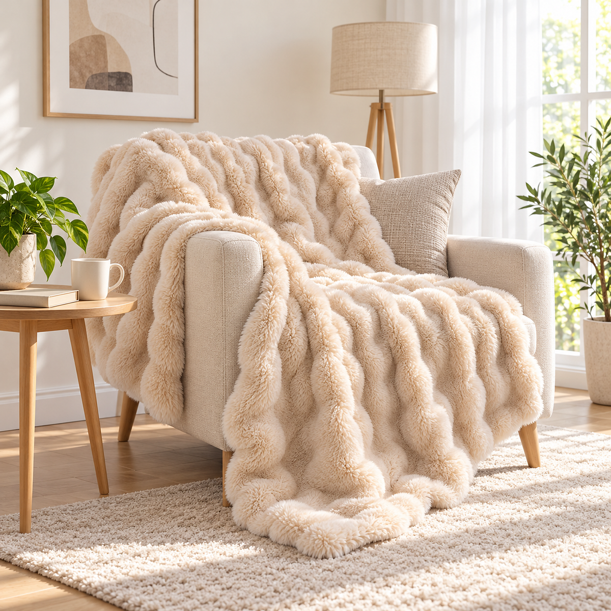 Vemarsi beige ruched faux fur throw blanket draped across a fabric armchair in a bright reading corner