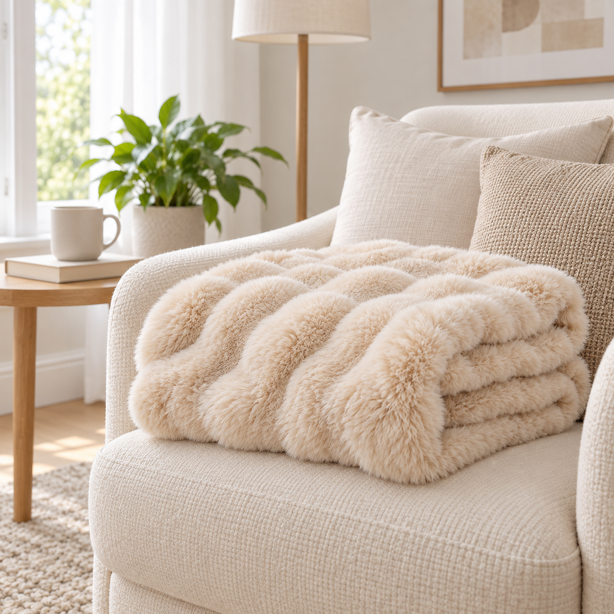 Vemarsi beige soft throw blanket folded on a hall chair to show the thickness of the plush