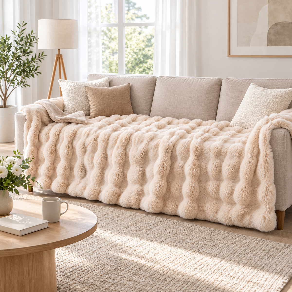 Vemarsi beige throw blanket for couch in the largest size spread over a three seat sofa in a bright living room