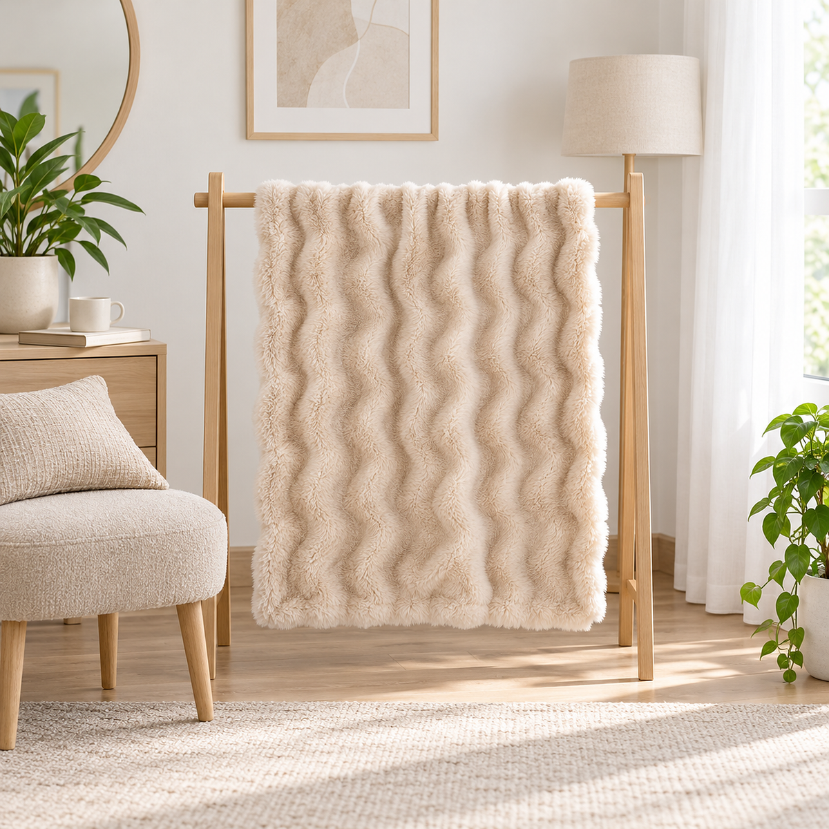Vemarsi beige throw blanket opened out on a wooden blanket rail in a dressing nook