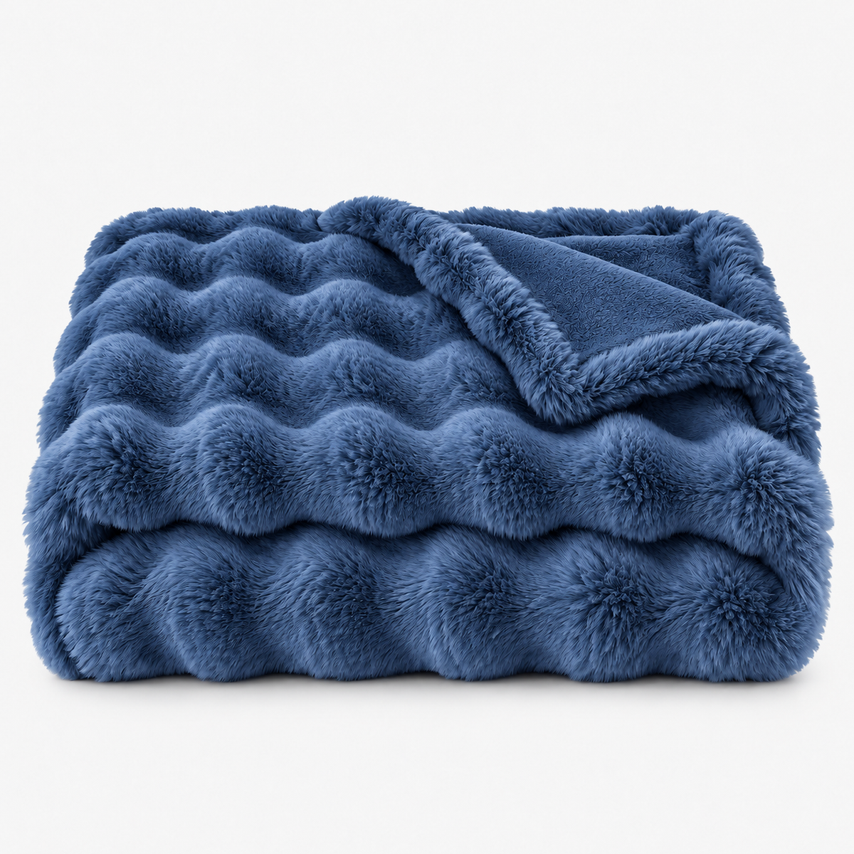 Vemarsi blue plush throw blanket in ruched faux fur loosely folded on a white backdrop #color_blue
