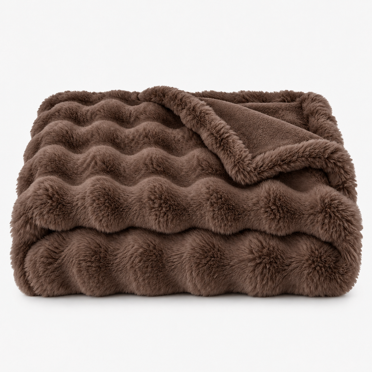 Vemarsi brown faux fur throw blanket loosely folded on a white backdrop with its ruched pile showing #color_brown