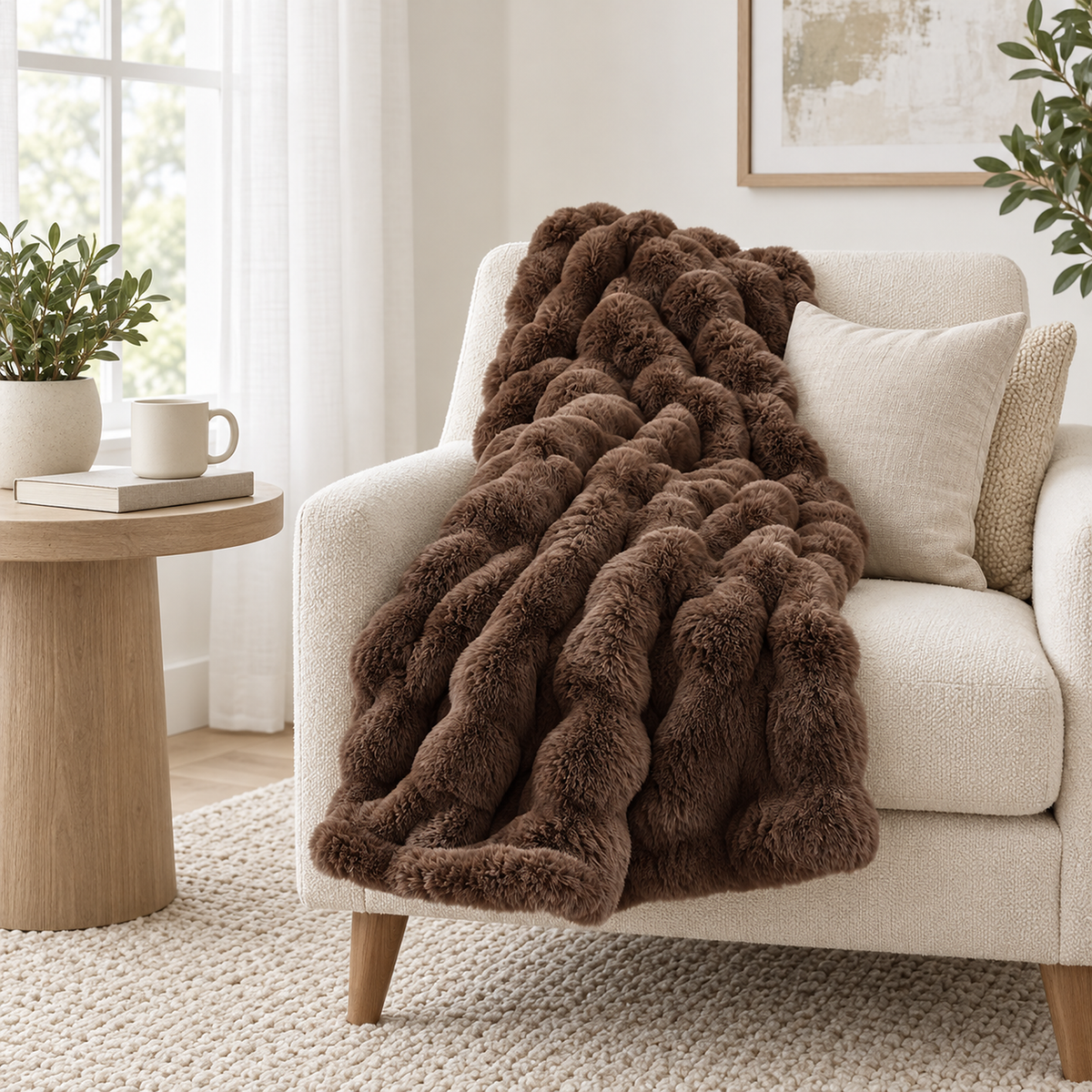 Vemarsi brown throw blanket for couch draped over an ivory reading chair in neutral daylight #color_brown