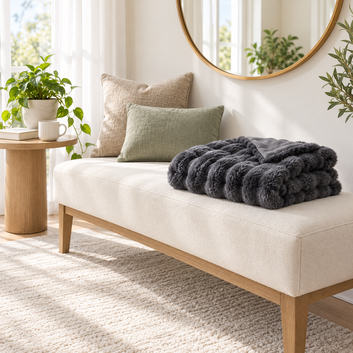 Vemarsi gray plush throw blanket folded ready to use on an upholstered bench #color_gray
