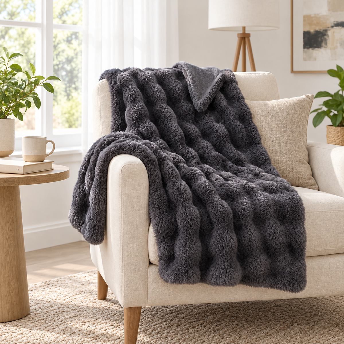 Vemarsi gray throw blanket for couch with rippled pile draped over an ivory accent chair in a guest nook #color_gray