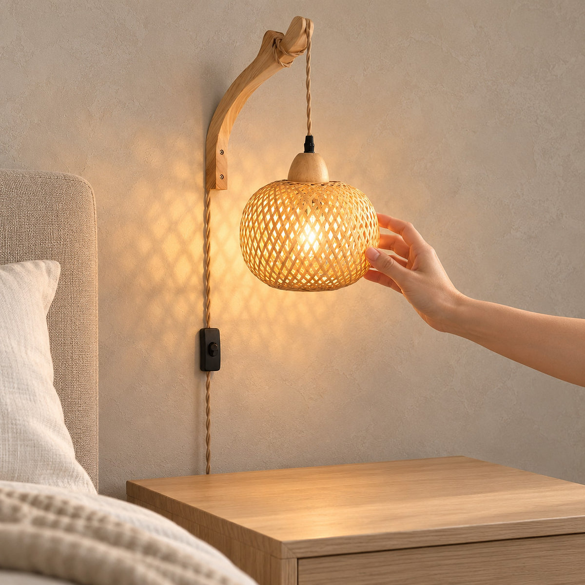 Vemira wood bedside wall light with woven bamboo shade above a nightstand in a bedroom