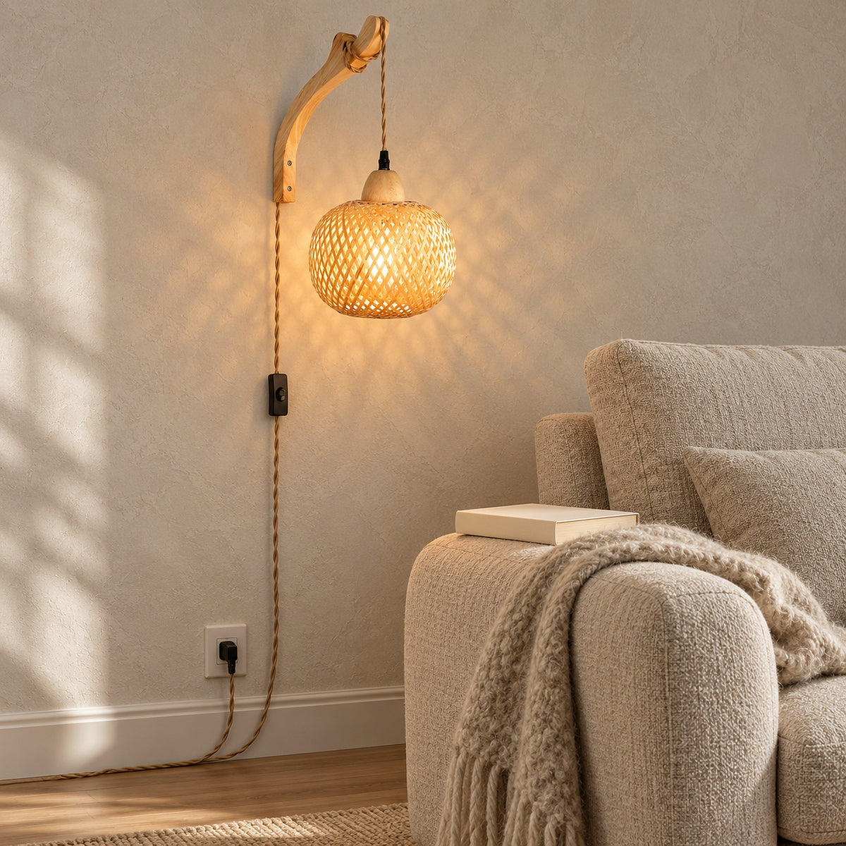 Vemira wood plug in wall lamp with an inline cord switch below the bamboo shade