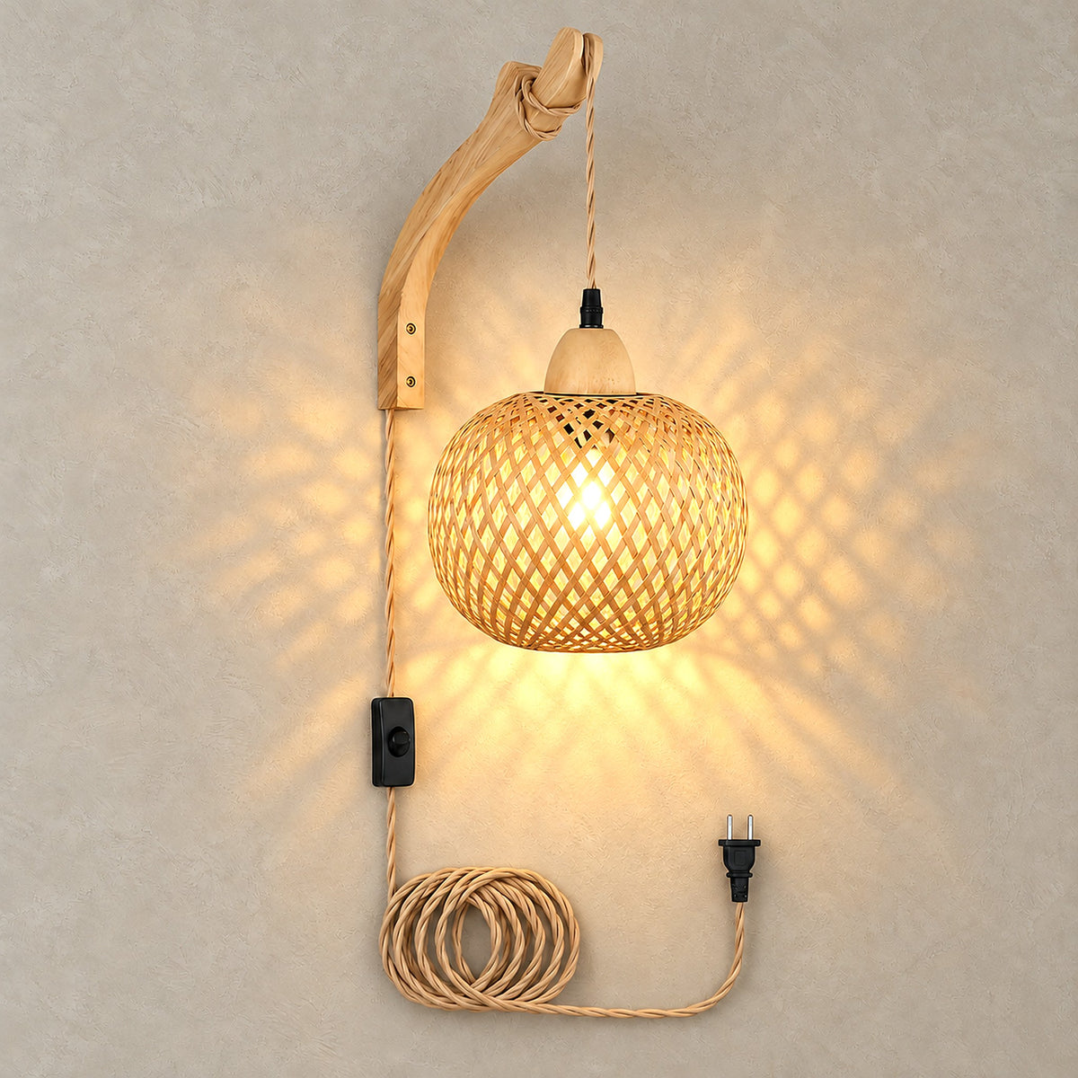 Vemira wood plug in wall sconce lit with a warm glow through the bamboo weave