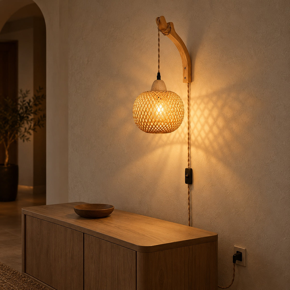 Vemira wood wall light detail of the curved wooden bracket holding the woven shade