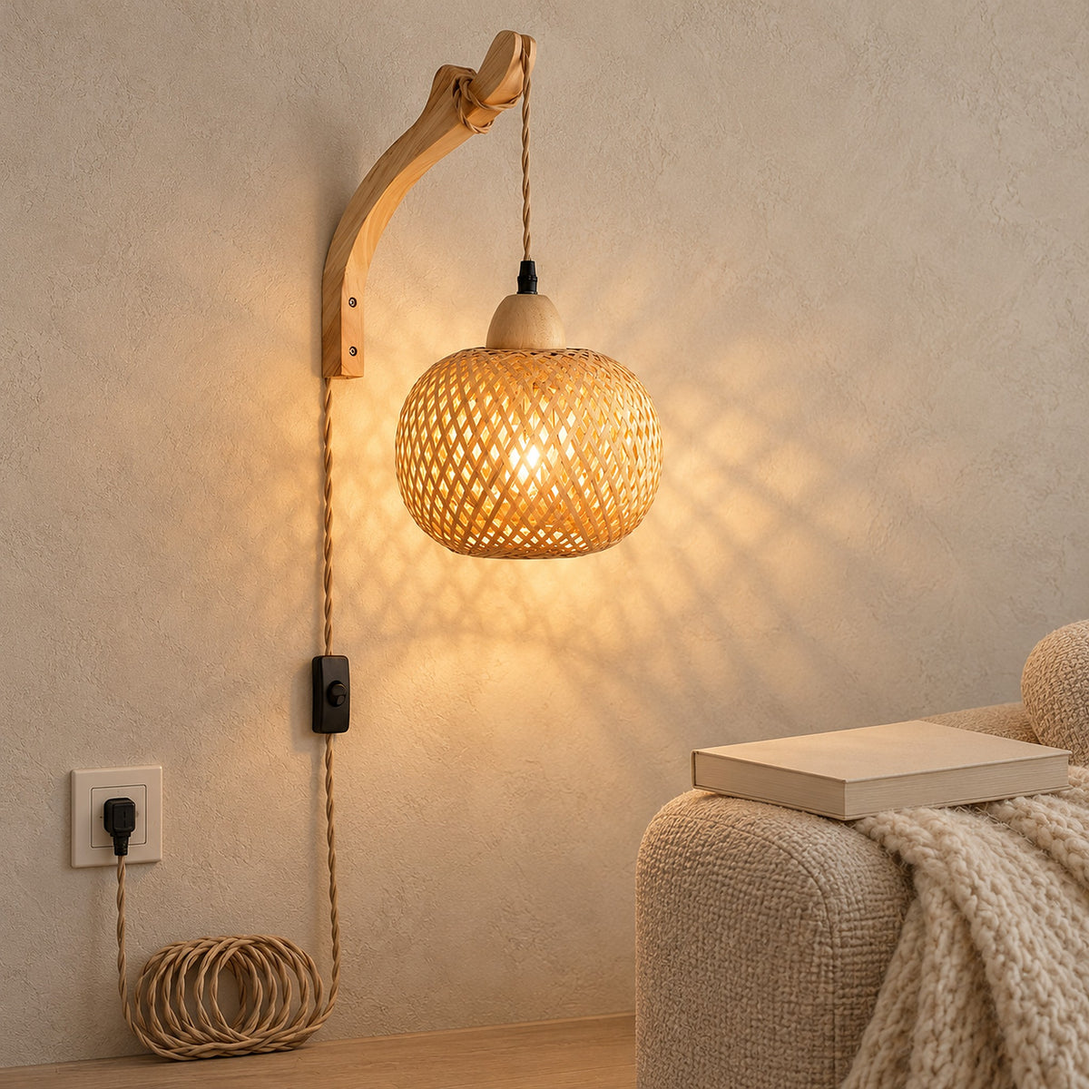 Vemira wood wall light with woven bamboo shade glowing beside a reading chair
