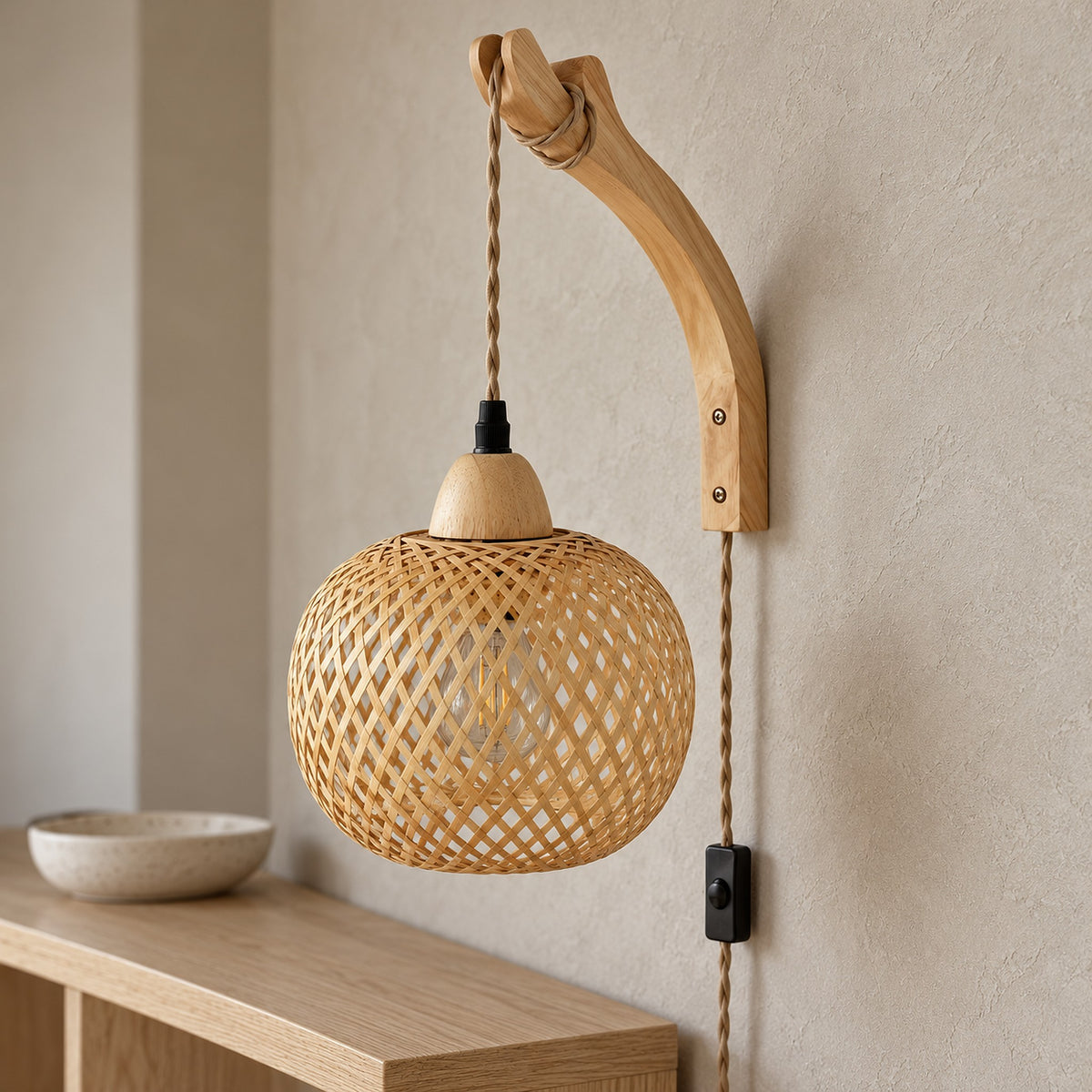 Vemira wood wall sconce close up of the bamboo shade and its open natural weave