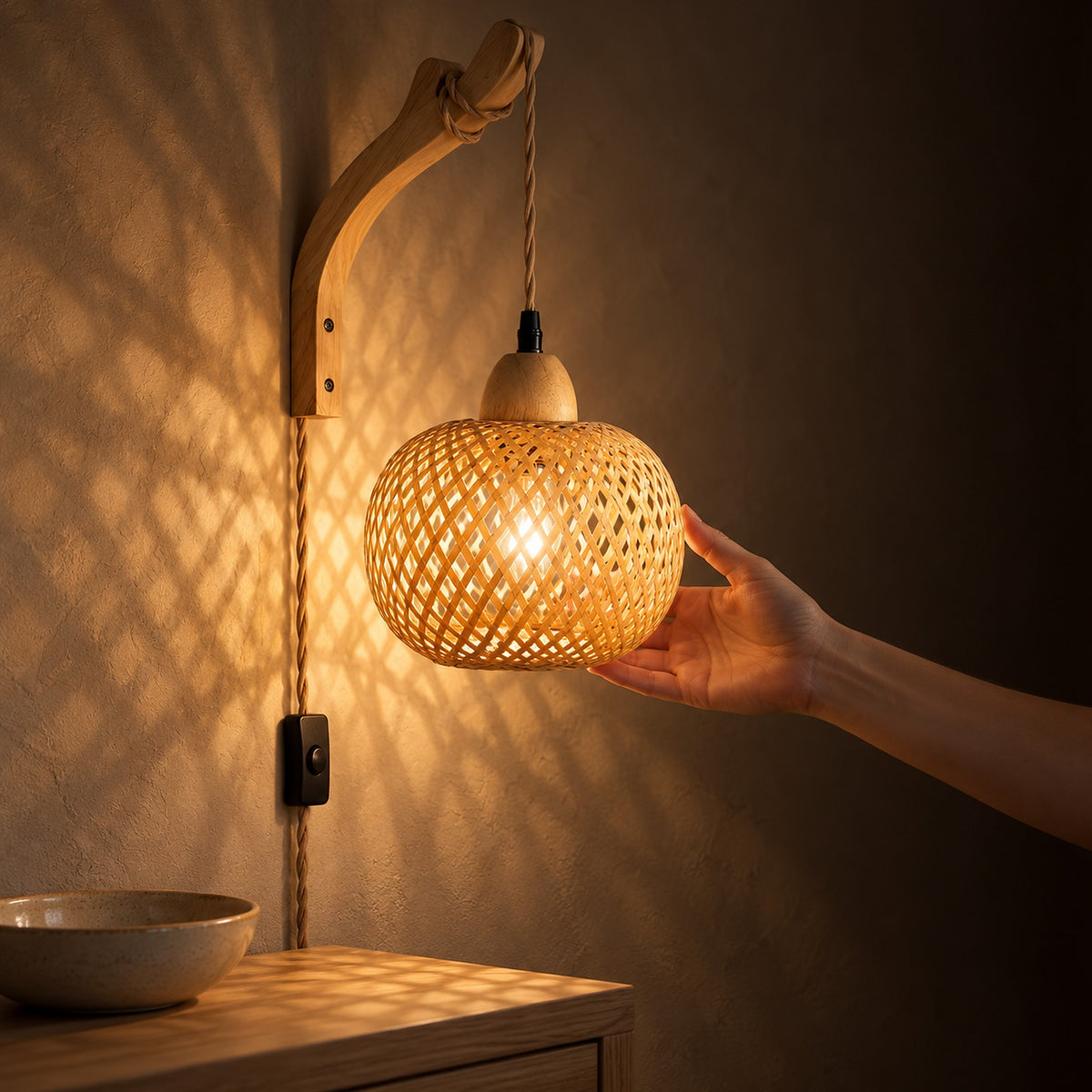 Vemira wood wall sconce with bamboo shade lighting hallway plaster after dark