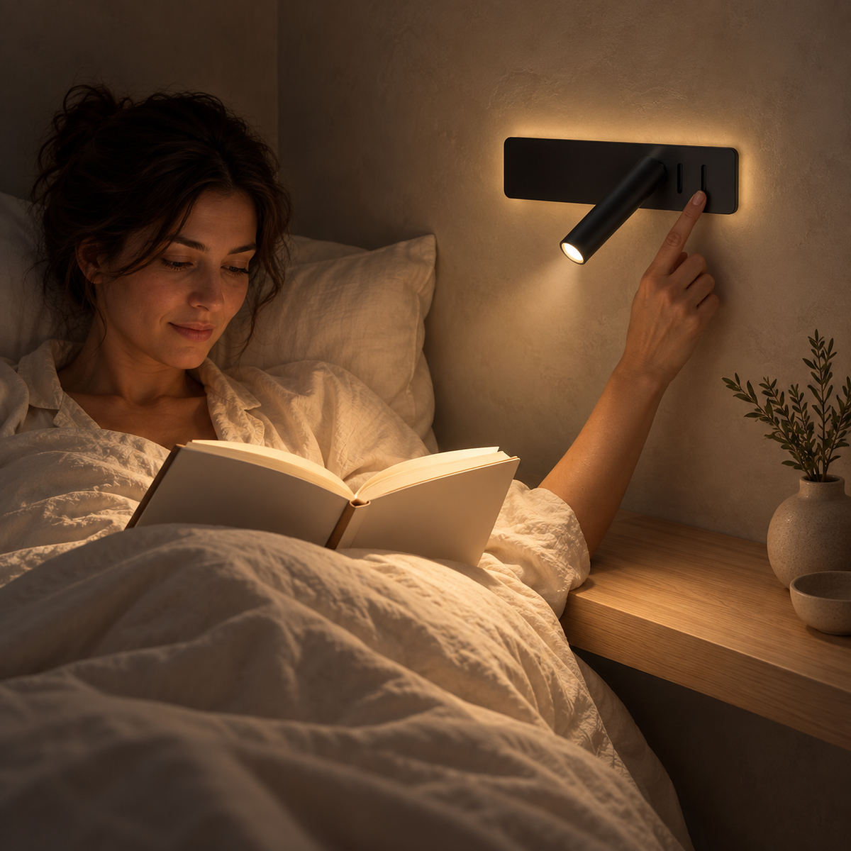 Vemirsa black bedside lamp lighting a book at night while someone reads in bed