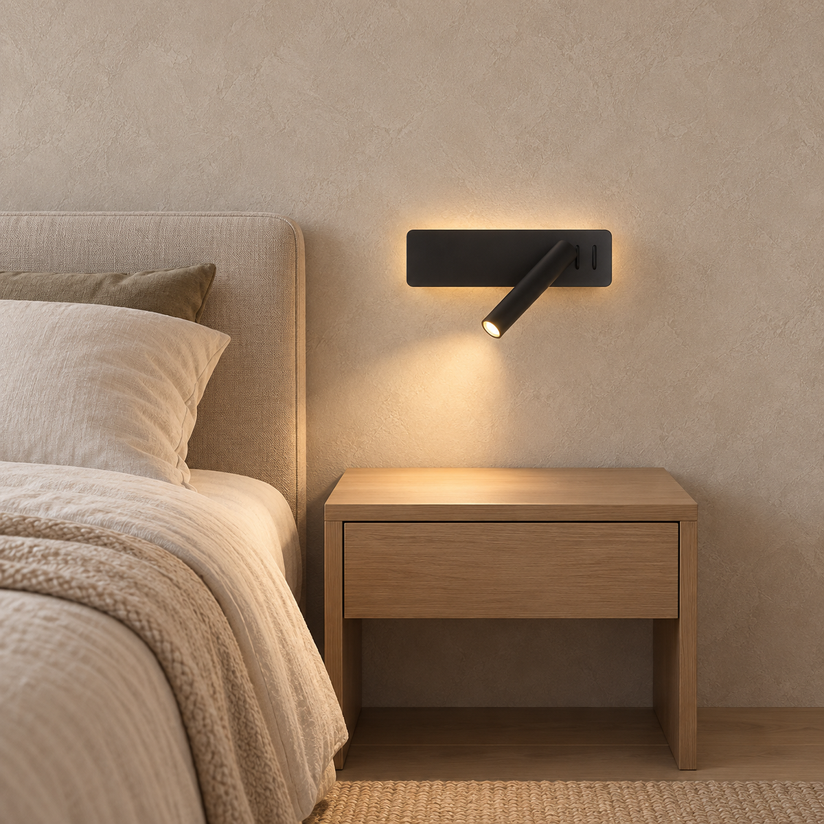 Vemirsa black bedside lamp lit in a bedroom leaving the nightstand surface clear