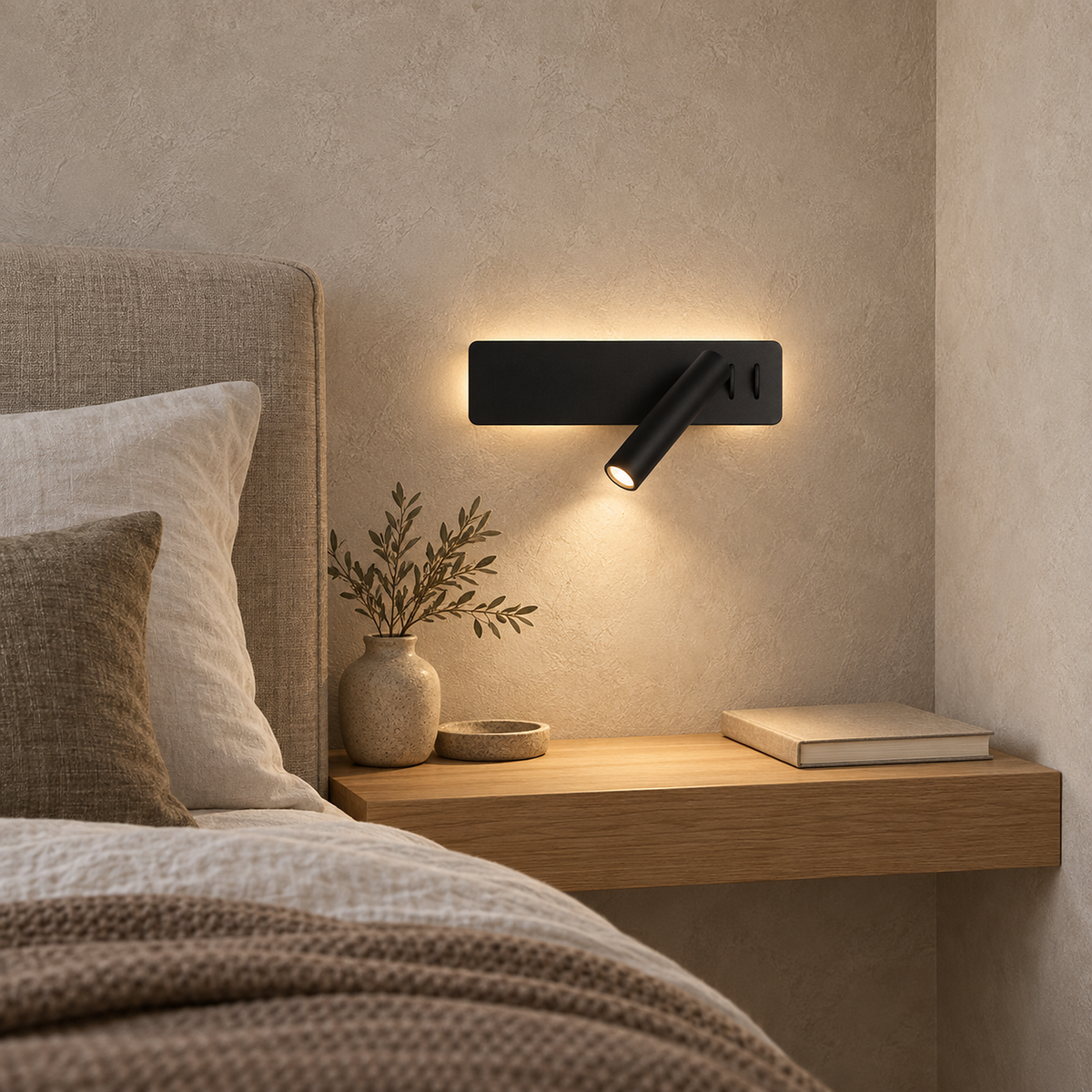 Vemirsa black bedside lamp showing the built in switches on its rectangular plate