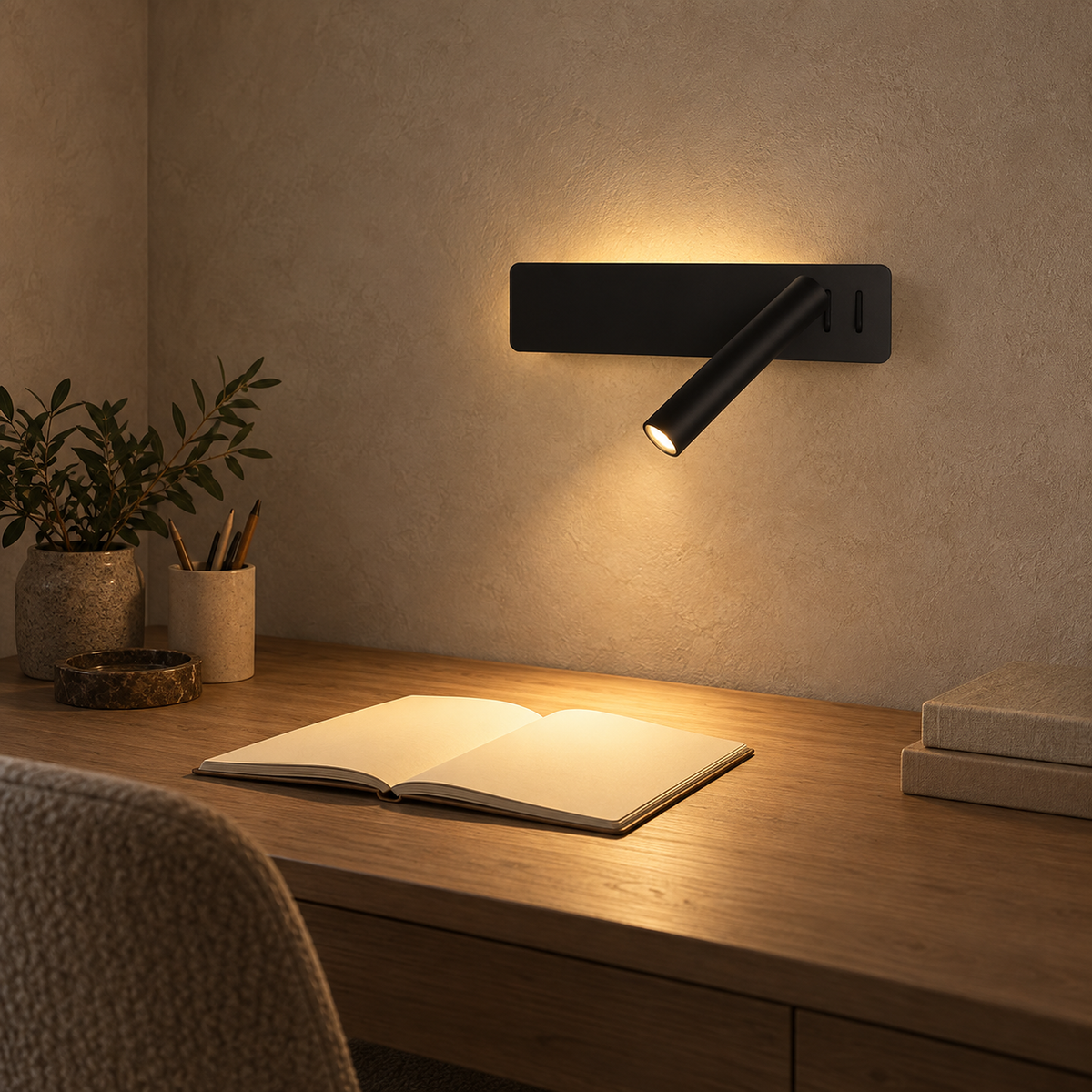 Vemirsa black LED wall sconce mounted on the wall above a desk in a home office