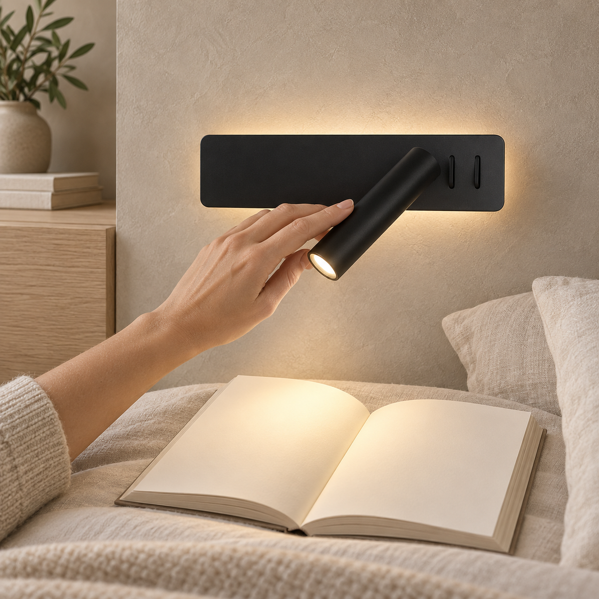 Vemirsa black LED wall sconce with a hand tilting the adjustable reading head toward a book