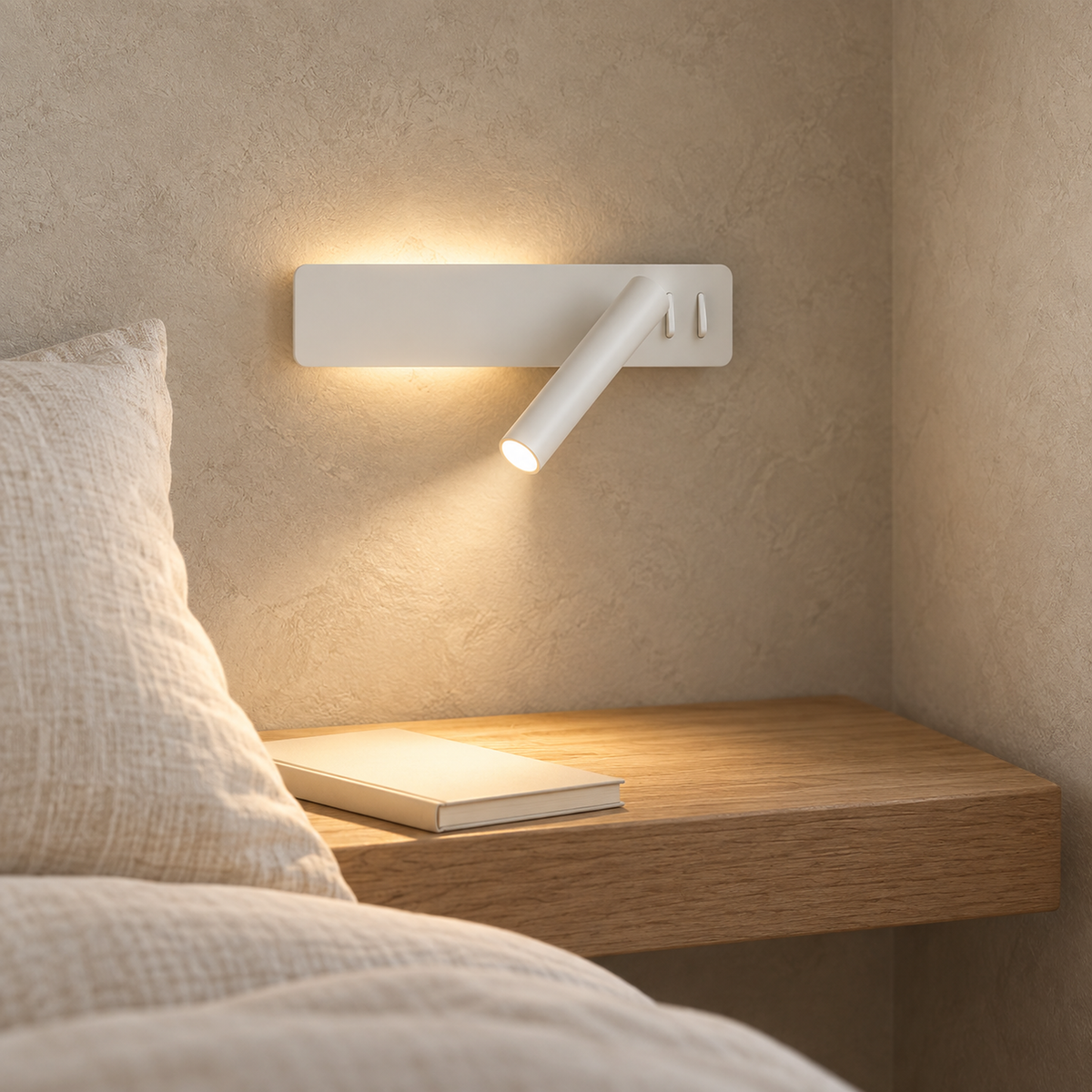 Vemirsa white bedside lamp lit on the wall above an empty ledge in daylight #color_white
