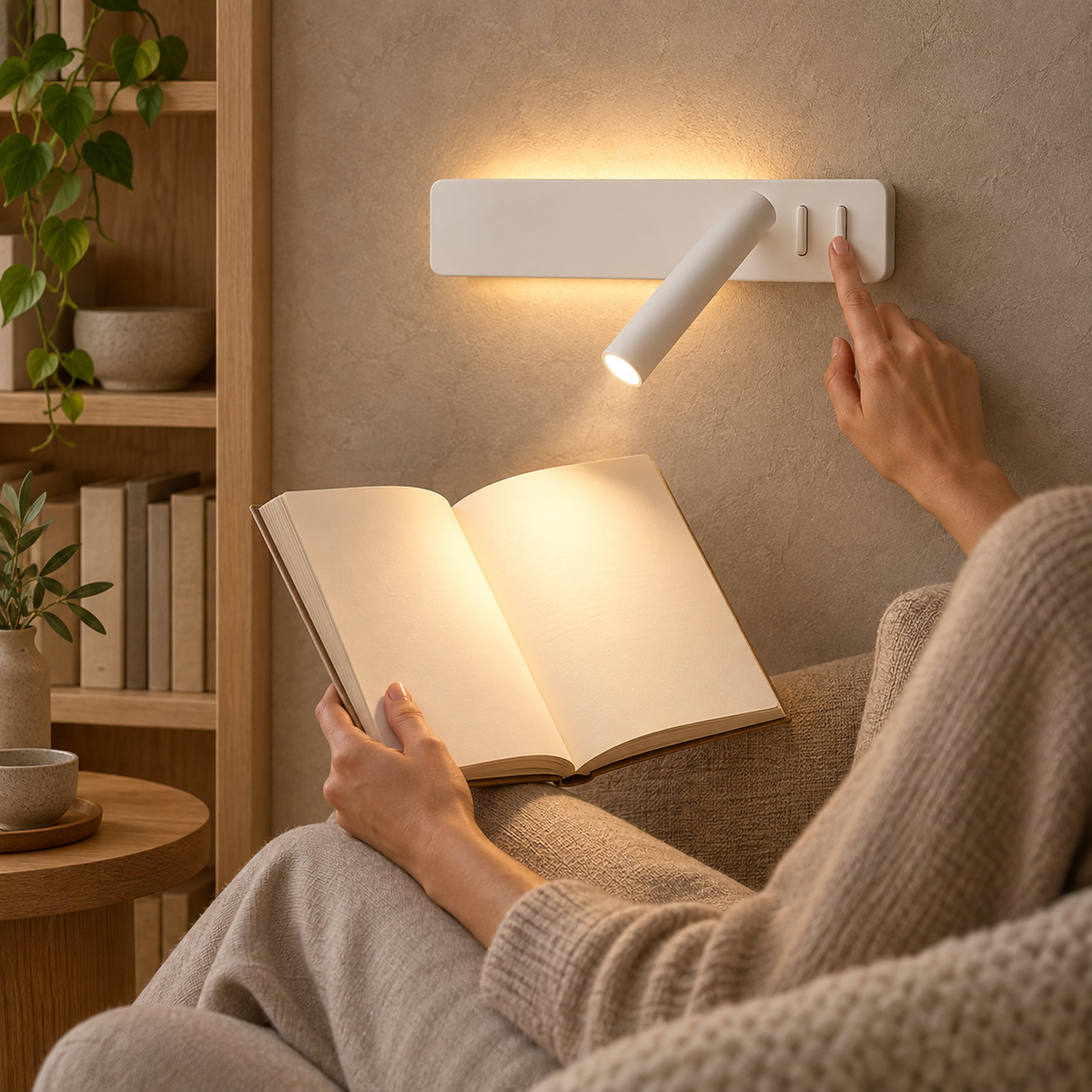 Vemirsa white LED wall sconce lighting a book held by a seated reader in a reading nook #color_white