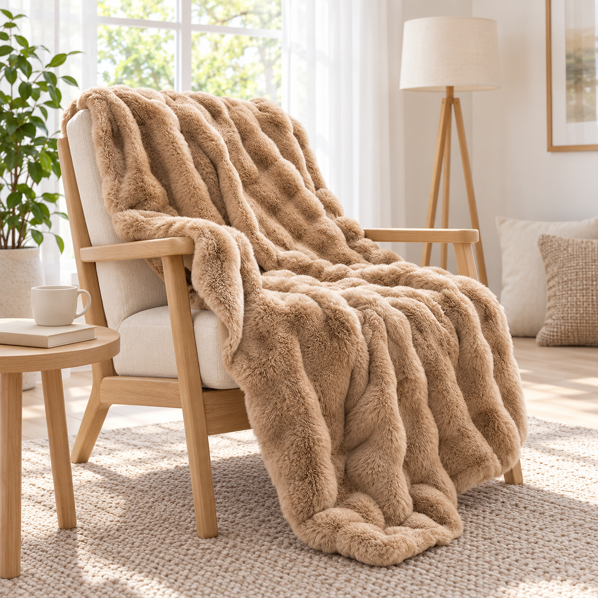Vemorila camel beige throw blanket draped over a pale chair in a reading corner with plants #color_camel beige