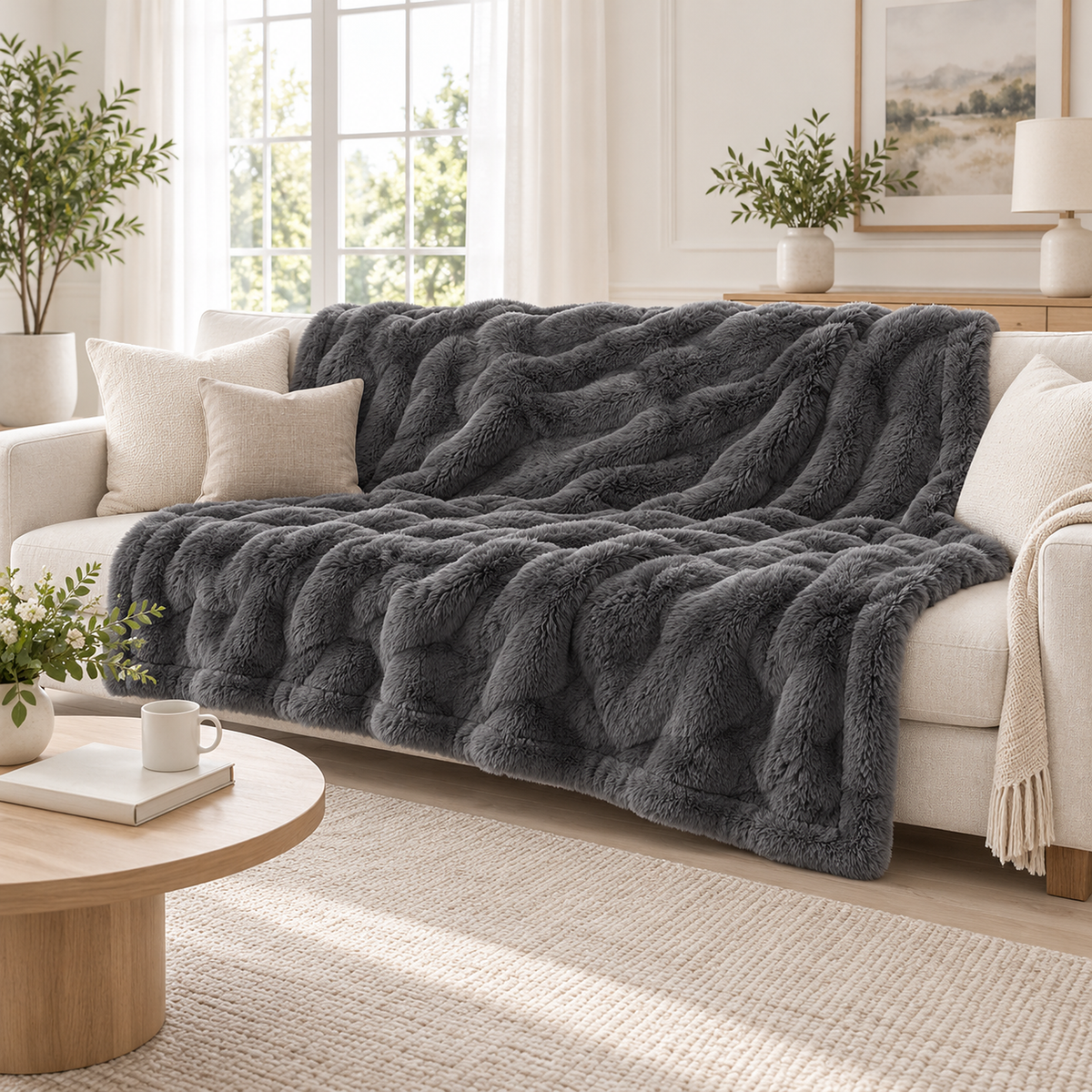 Vemorila dark gray faux fur blanket draped across the back and seat of a sofa in a furnished living room