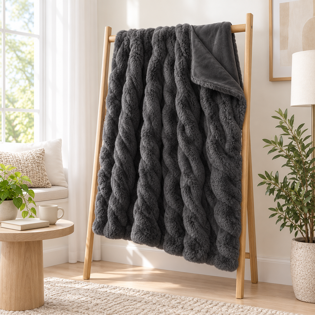 Vemorila Dark Gray faux fur blanket on a wooden blanket ladder with its smooth reverse folded outward