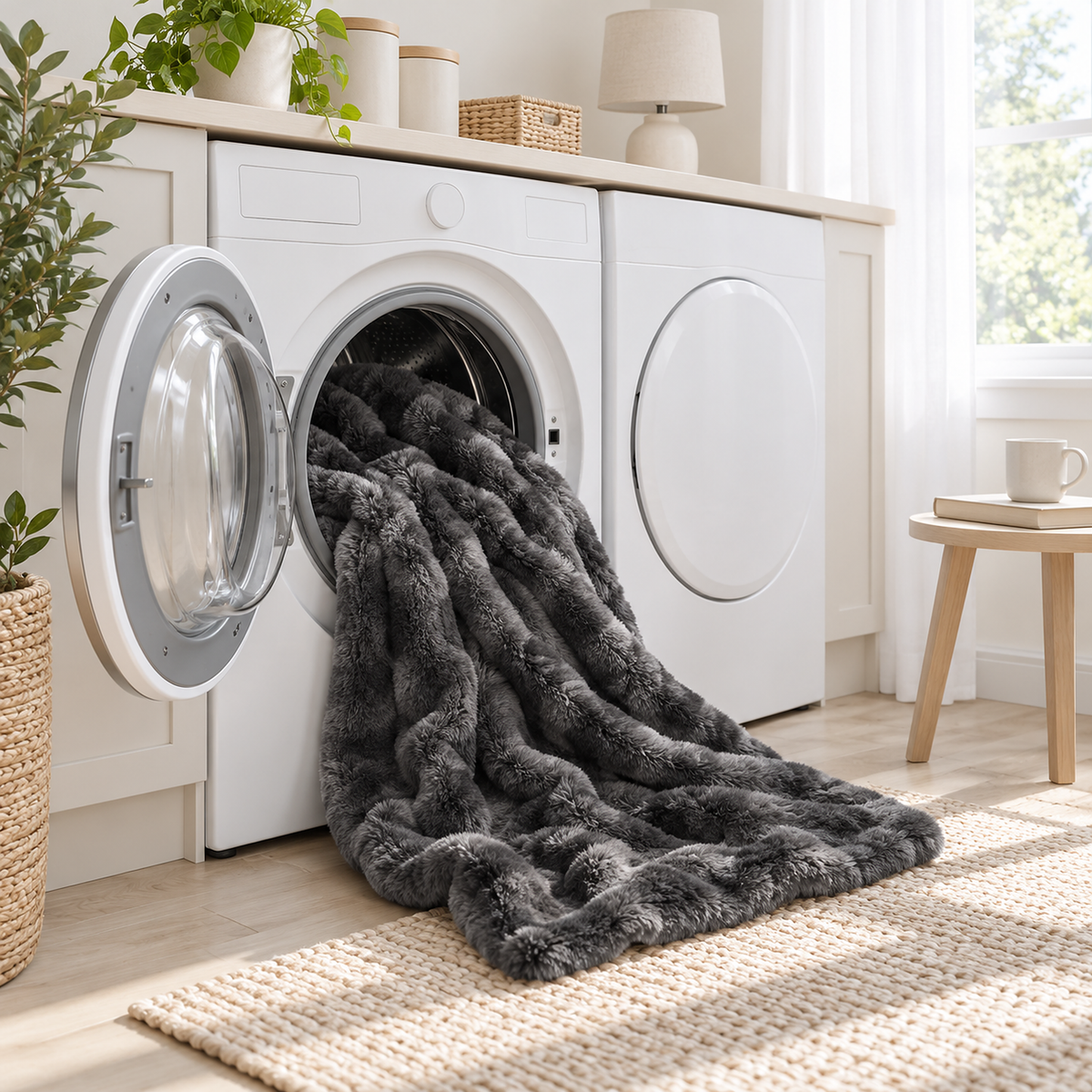 Vemorila dark gray faux fur blanket, machine washable, set out for washing in a daylit laundry room