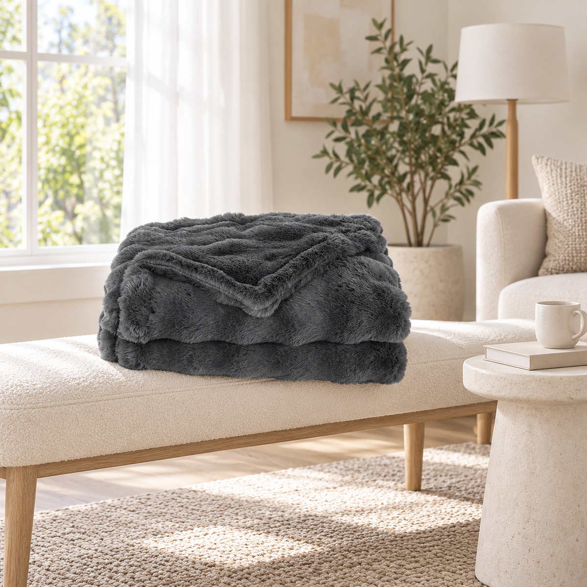 Vemorila dark gray faux fur blanket seen side on, loosely folded in layers on a dressing room bench