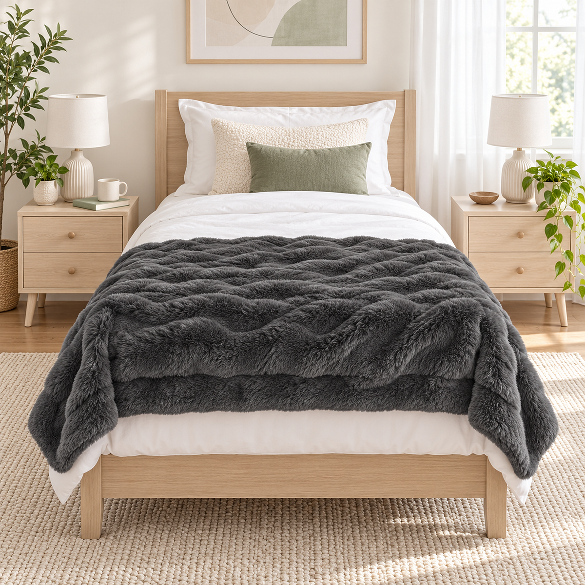 Vemorila dark gray faux fur throw blanket spread across a bed in a guest bedroom