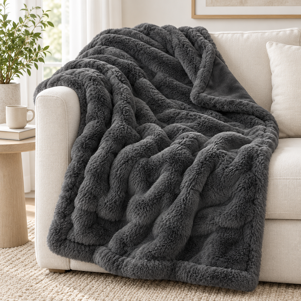 Vemorila dark gray throw blanket draped over the arm of an ivory sofa in a living room