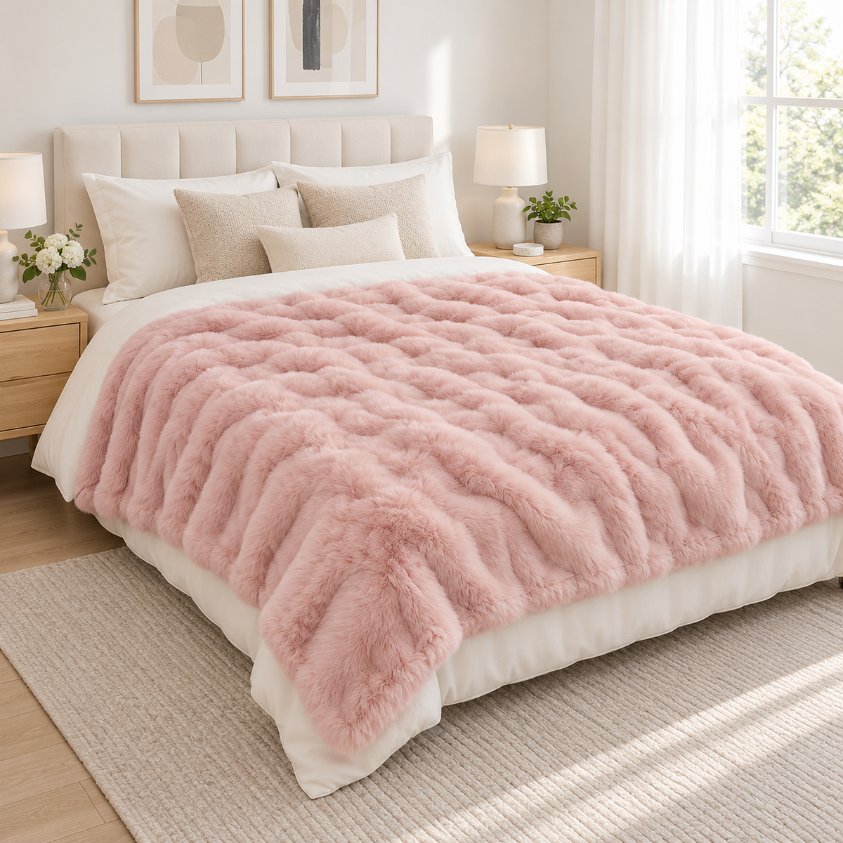 Vemorila dusty pink faux fur blanket spread over a made bed in a white bedroom #color_dusty pink
